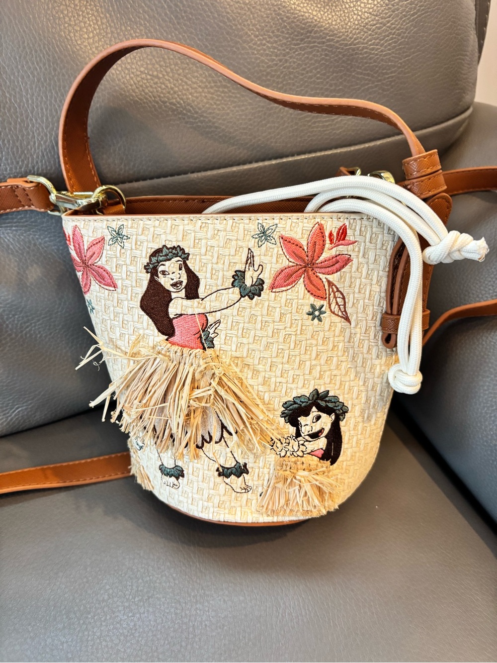 Disney LOUNGEFLY Lilo & Stitch Hula Embroidered Bucket Bag - Pink & Tan